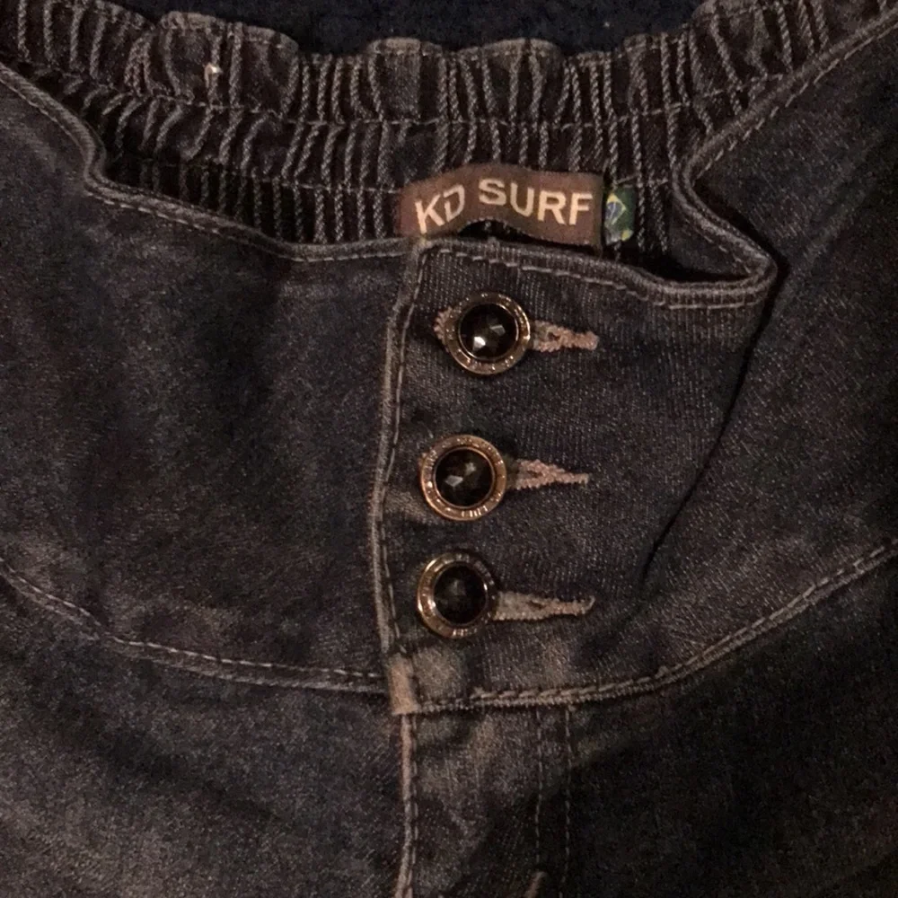 KD Surf Y2K Stretch Dark Wash Blue Denim Shorts With Black Crystal Cut Buttons